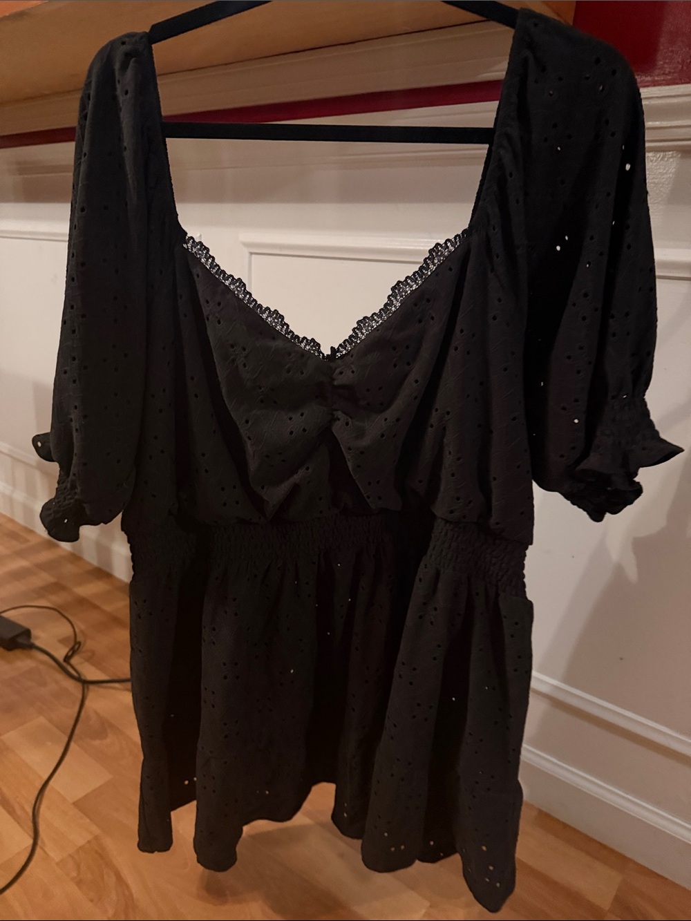 Black Eyelet Puff-Sleeve Blouse with Lace Trim